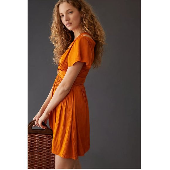 By Anthropologie Deep V-Neck Vibrant Mini Dress Orange Size 12 - Picture 11 of 12